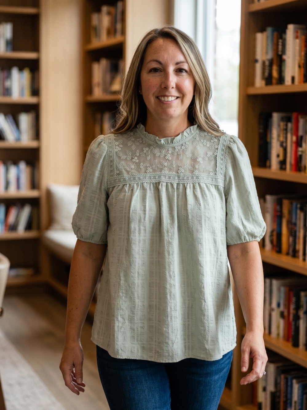 mine Sage Green Lace Yoke Puff Sleeve Blouse